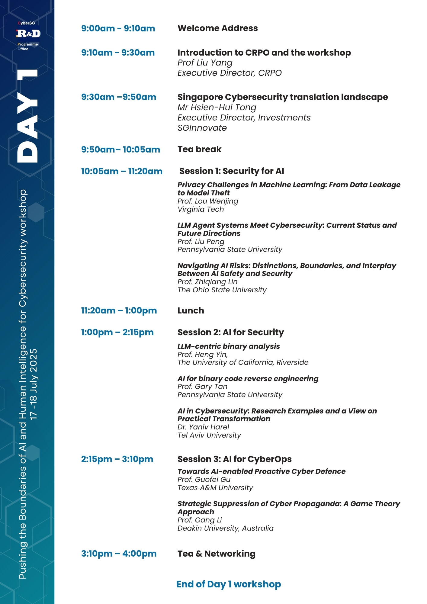 Programme schedule for Day 1 of Workshop