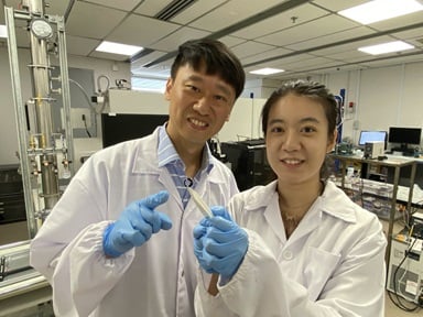 Assoc Prof Lee Seok Woo and study co-first author Miss Li Zongkang, a PhD student from NTU’s EEE, presenting the battery