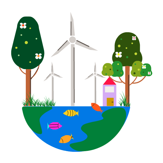 An icon of a semicircle earth with trees, flowers, fishes, a house, grasses and 3 wind turbines with blades rotating in a circular motion on top.