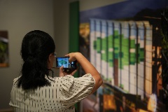 Visitor photographing hoarding tree in Marvin Tang's Future Reading