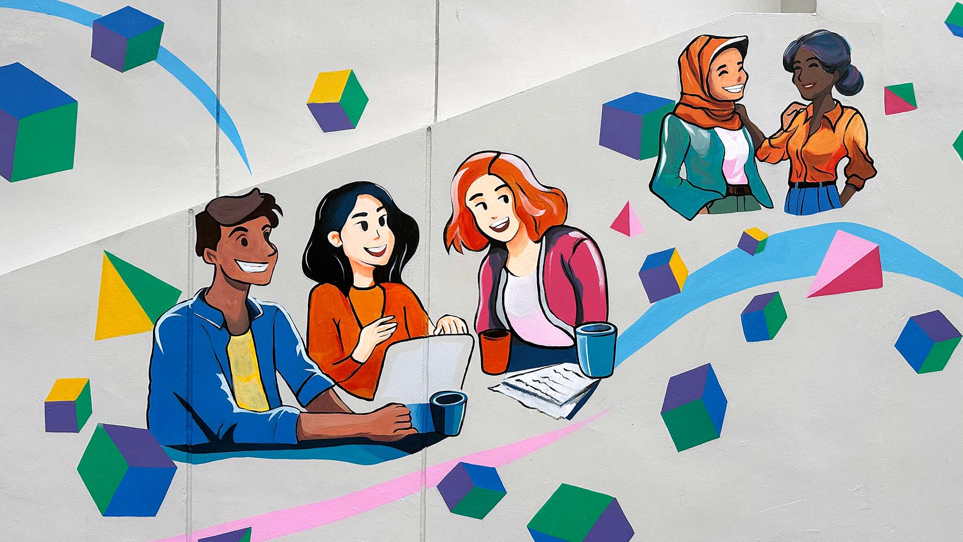 OneNTU Mural - illustration of a man and two women chatting with coffee and laptops, and a pair of ladies having a conversation