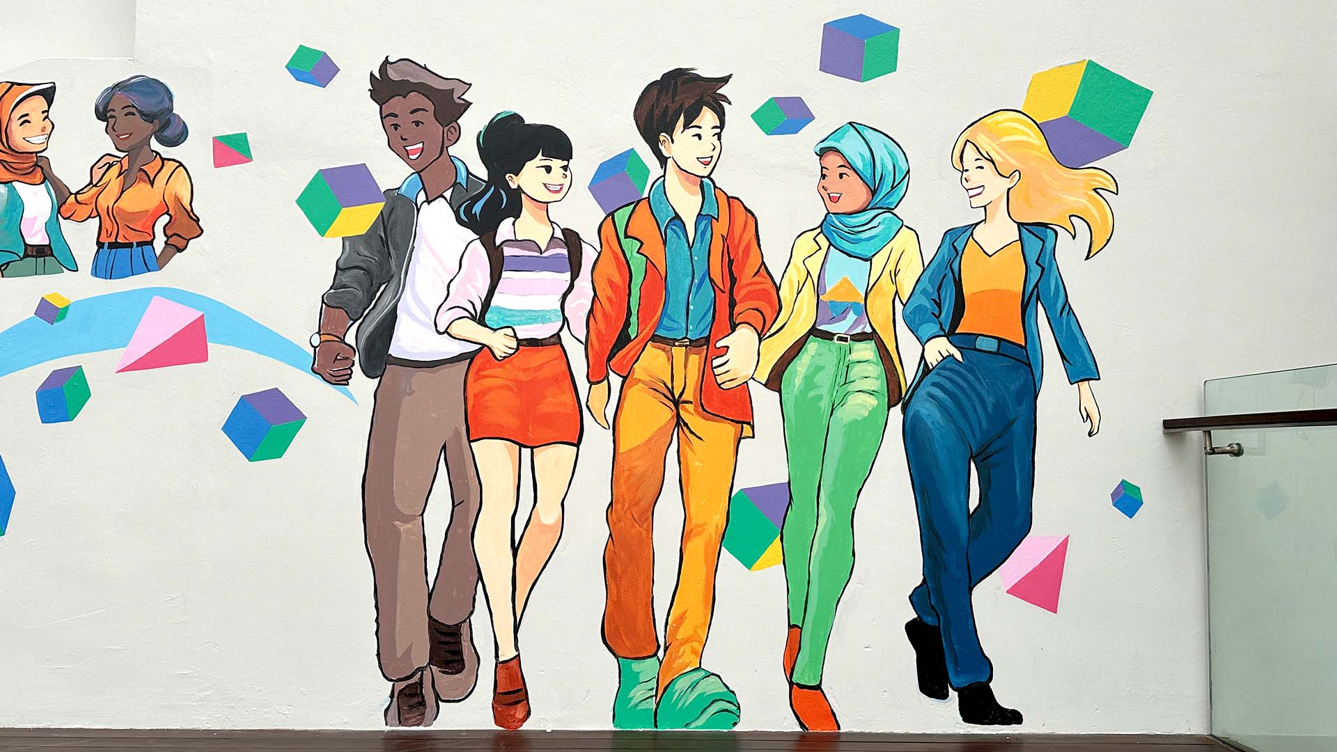 OneNTU Mural - illustration of group of 5 friends walking and talking