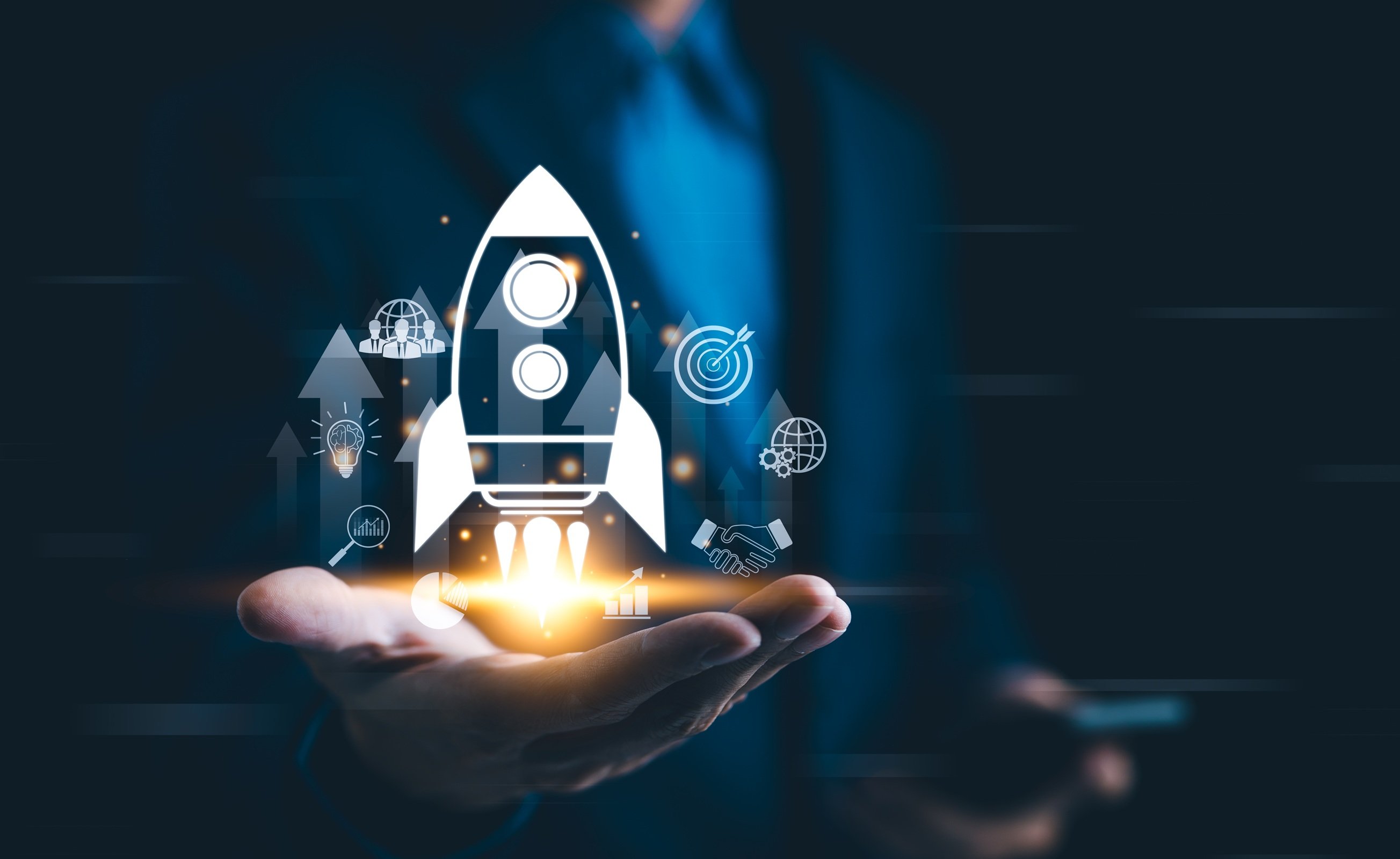 Icon of rocket blasting off from hand