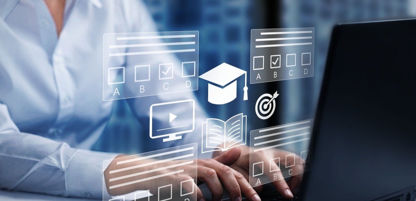 Professional typing on laptop with tech icons appearing in foreground