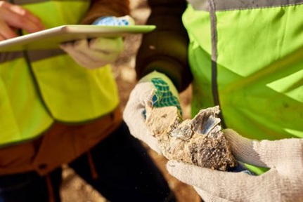 industrial worker holding mineral ore in gloved hands on mining site