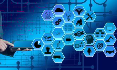 Hand holding Phone with various images in octagon shape