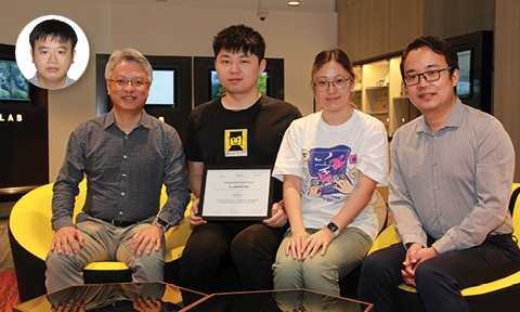 Photo of 4 awardees sited with one postgraduate holding a cert and an inset photo at the top left corner.