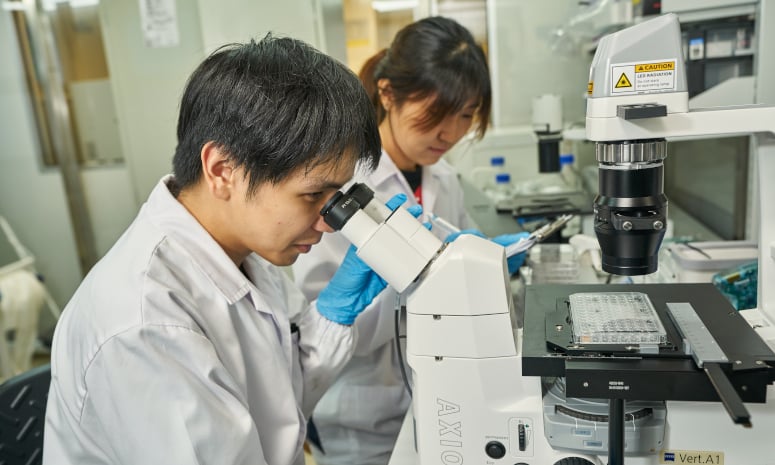 PhD students using microscope for research