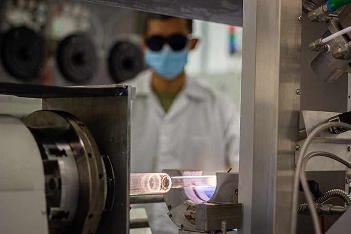 Modified-Chemical-Vapour-Deposition (MCVD) in action to develop highly efficient laser fibre preform.