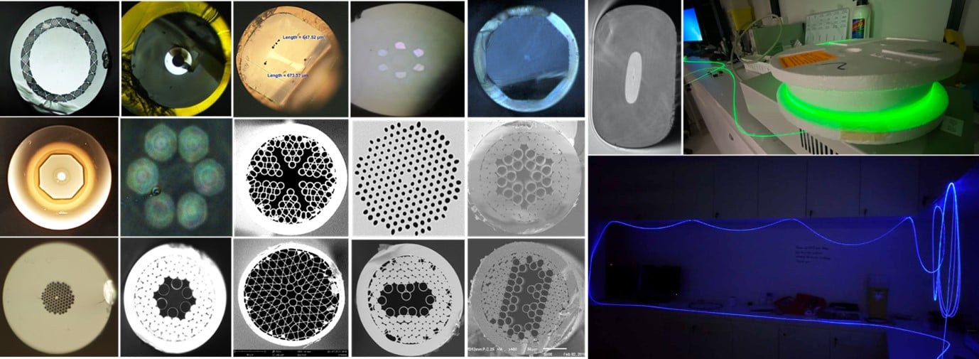 Selected in-house fibres of large-mode-area design, high nonlinearity, amplifier fibres, hollow core fibres, multi-core fibres, and illuminating fibres.