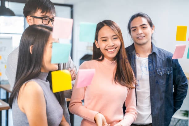 Students having a brainstorm session using post-its to map out their ideas