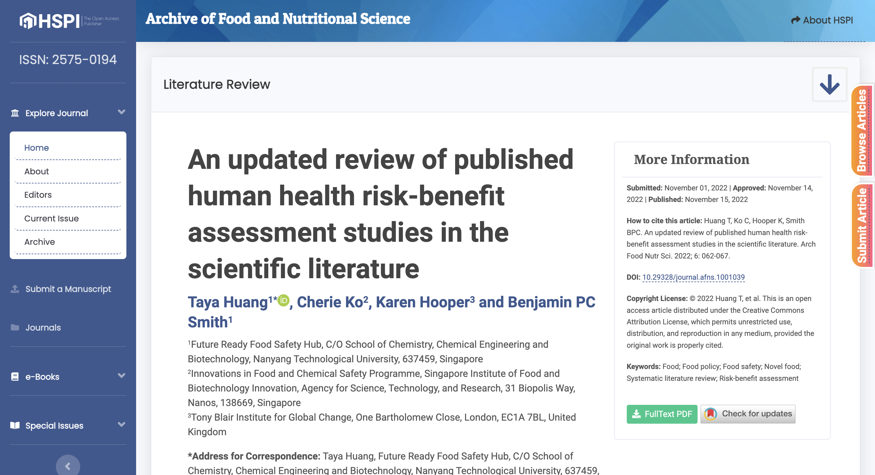 An updated review of published human health risk-benefit assessment studies in the scientific literature