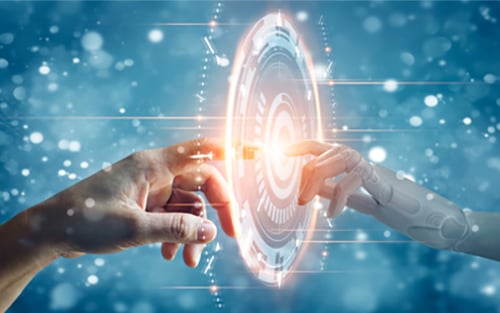 A hand touching a hologram of a spherical, futuristic-looking object