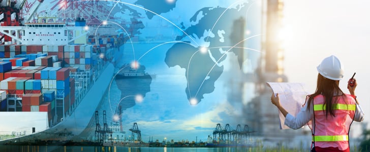 Collage of global trading images – containers on a ship, a port, someone looking at a map