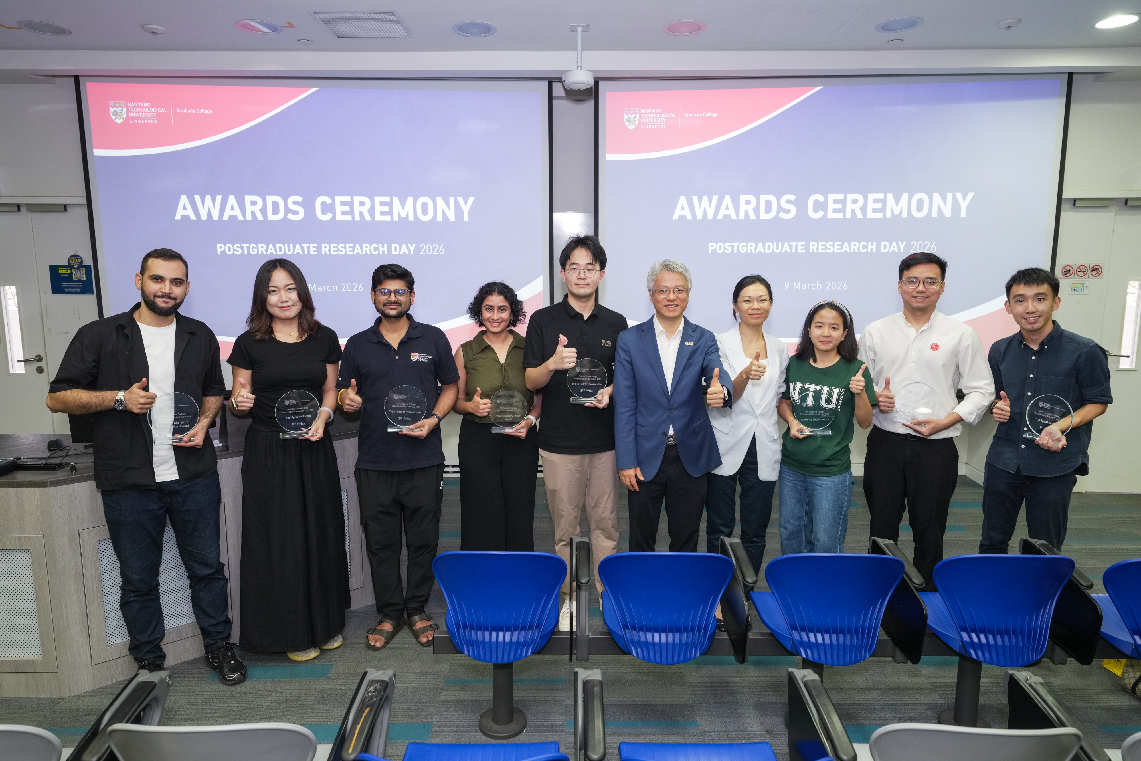 Winners of Postgraduate Research Day 2026 with Prof. Wen and Prof. Leong