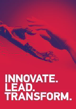 Robotic hand about to shake a real hand, with the words: Innovate, Lead, and Transform