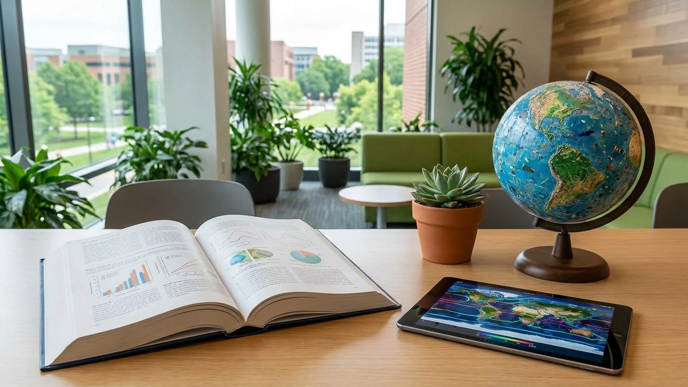 Educational materials for the NTU Executive Master of Science in Sustainability Management, illustrating the interdisciplinary curriculum with global climate data, business strategy analytics, and digital ESG tracking tools
