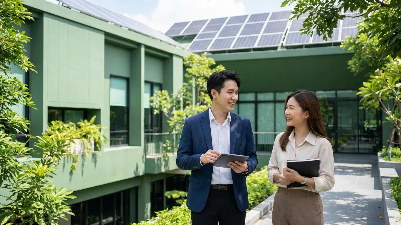 Students of a sustainability master programme engaging in discussion outside a modern facility featuring green architecture and solar power technology