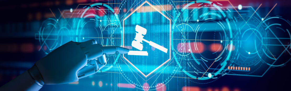 Robotic hand pointing to a judge hammer on screen