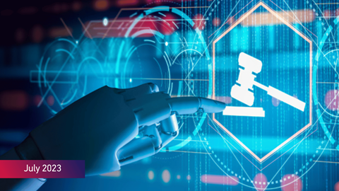 Robotic hand pointing to a judge hammer with the text July 2023 on bottom left