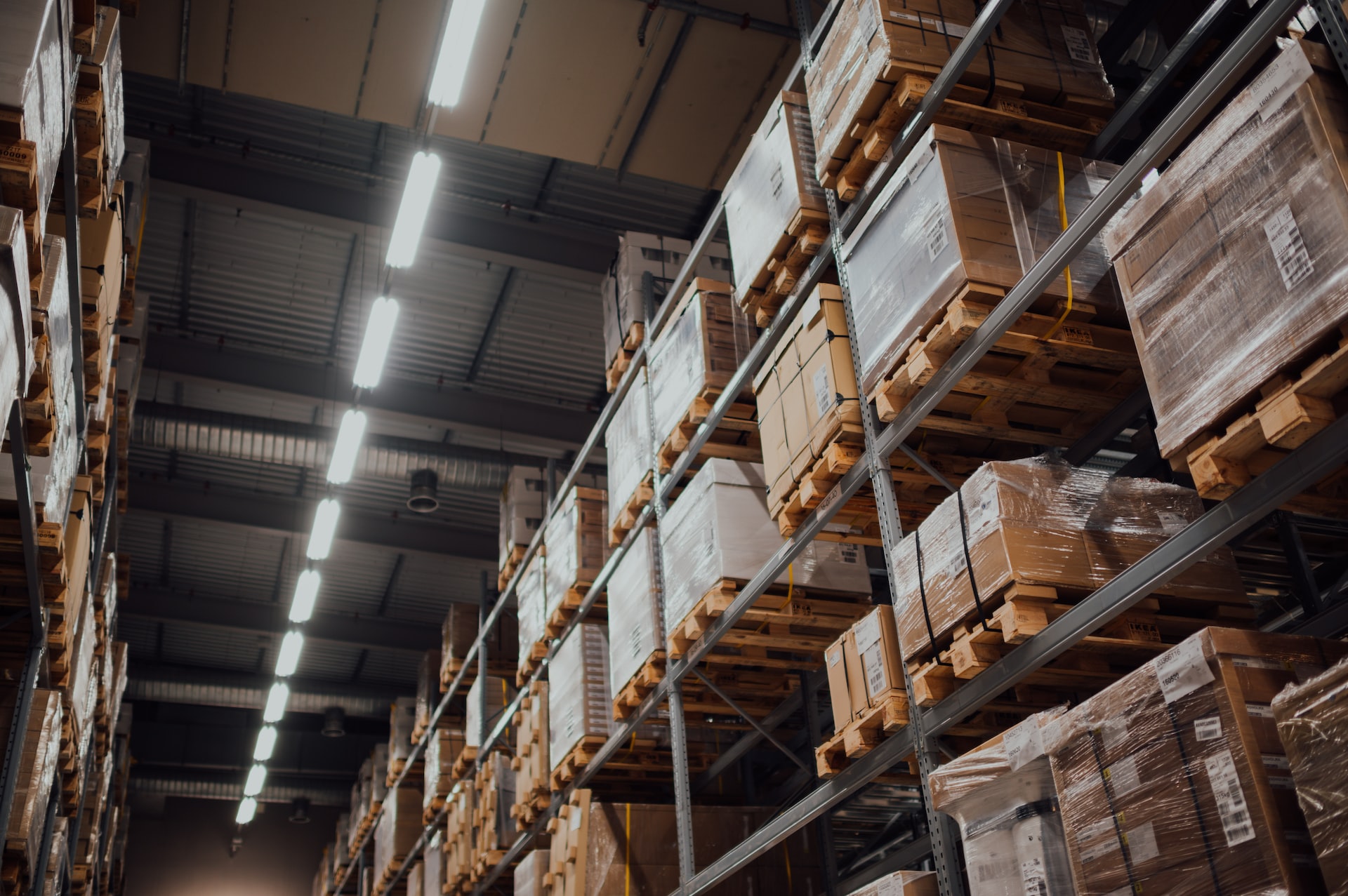 crates on shelves in a warehouse