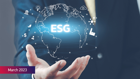 ESG text with sustainable-related icons and March 2023 subtitle