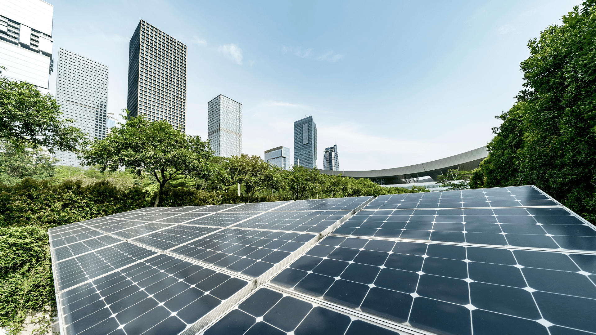 Solar panel and skyscrapers in the background