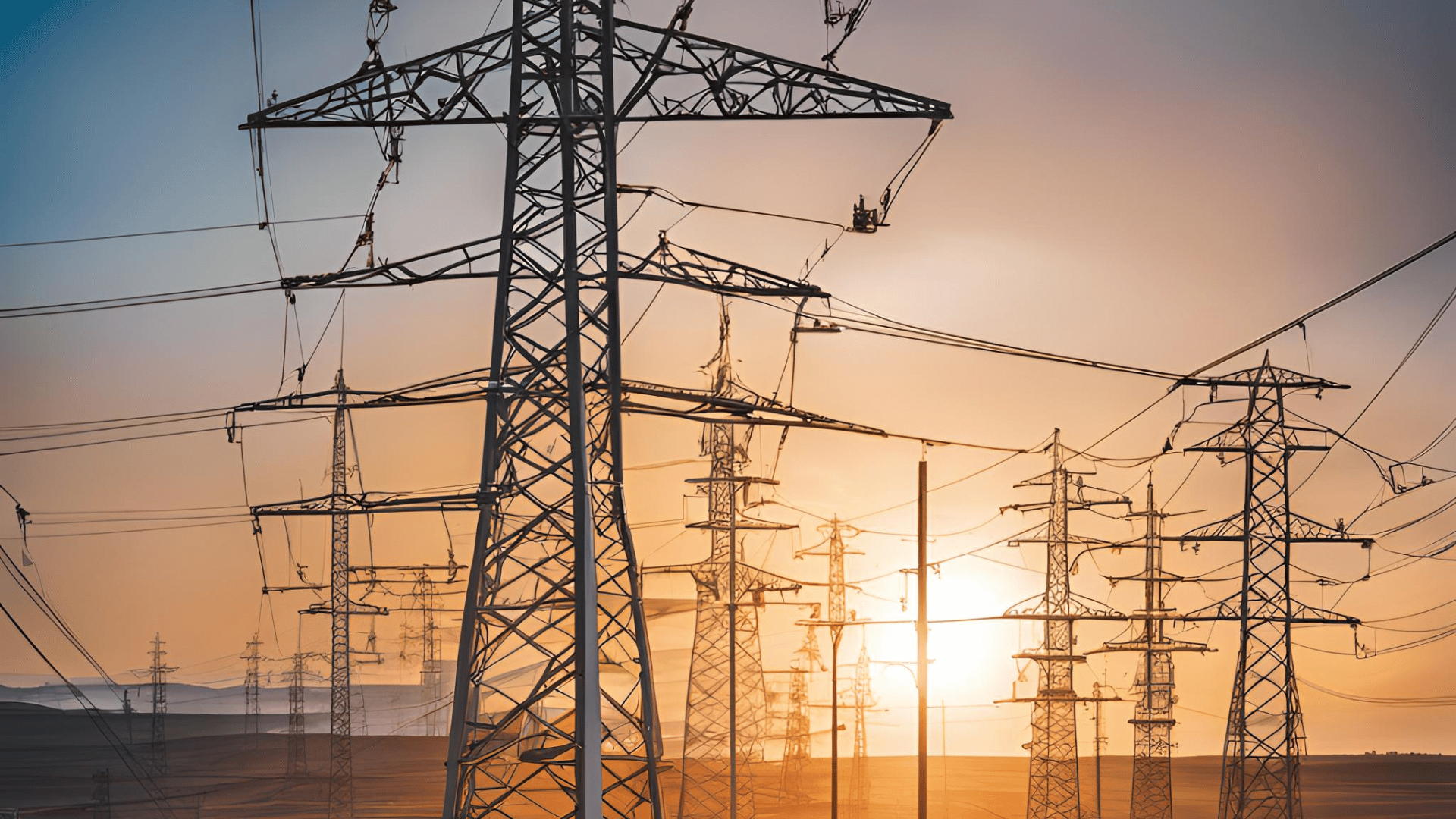 Electric utility poles in a field during sunset