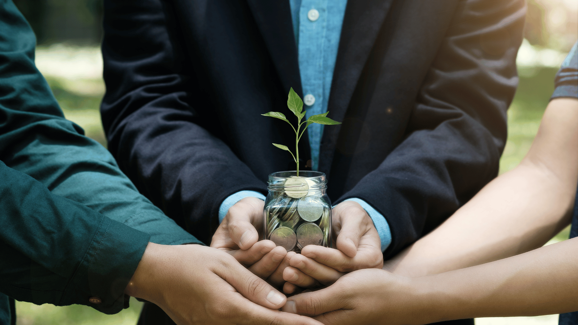 Businessmen holding glass jar with coins and a plant.