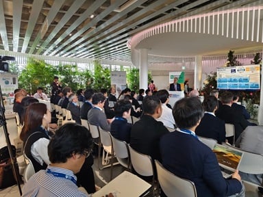 Image: NTU Prof Hu Xiao presenting material science and environmental sustainability at the Singapore Pavilion at the Osaka World Expo 2025.