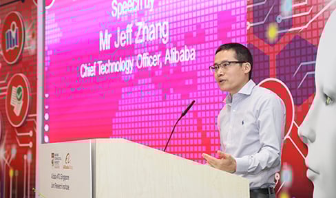 Alibaba CTO Jeff Zhang deliver her speech on stage during the launch ceremony