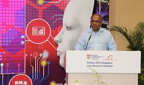 NTU President Prof Subra Suresh deliver her speech on stage during the launch ceremony