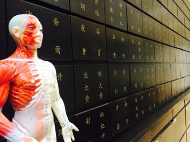 Acupuncture man with herb cupboard