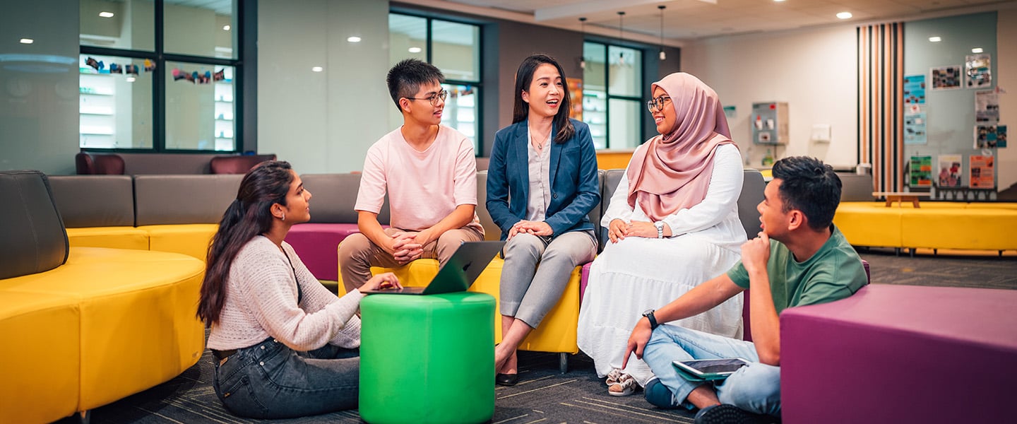 Yellow And Pink Seats 5 Young Student Teachers Gathered Together