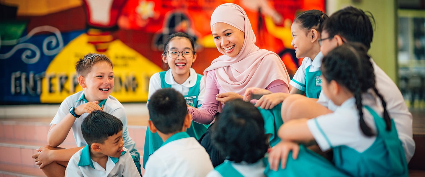 Yong Malay Lady Teacher With Pink Tudung With Group Of 8 Secondary School Students