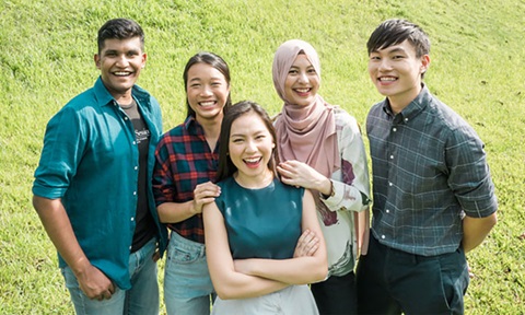 Smiling Group of 5 Students On A Grass Patch Chinese Girl Blue Red Gingham Plaid Top (720x432px)