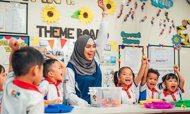 Sunflowers Classroom Malay Female Teacher in Grey Tudung Arms Raised 7 Kindergarten Children Bricks and Art Materials (720x432px)