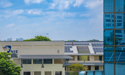 E - Solar Panels Block 2 Helicopter Blue Glass Windows Wideshot