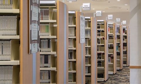 Rows of Library Shelves (480x288px)