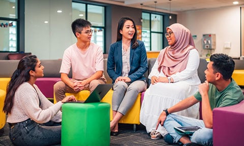 Yellow And Pink Seats 5 Young Student Teachers Gathered Together (480x288px)